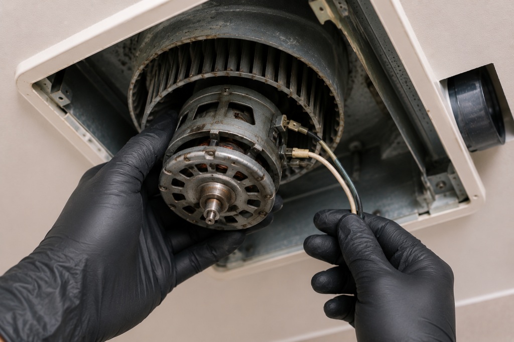 Inspecting a bathroom exhaust fan motor and wiring for signs of motor failure or excessive wear