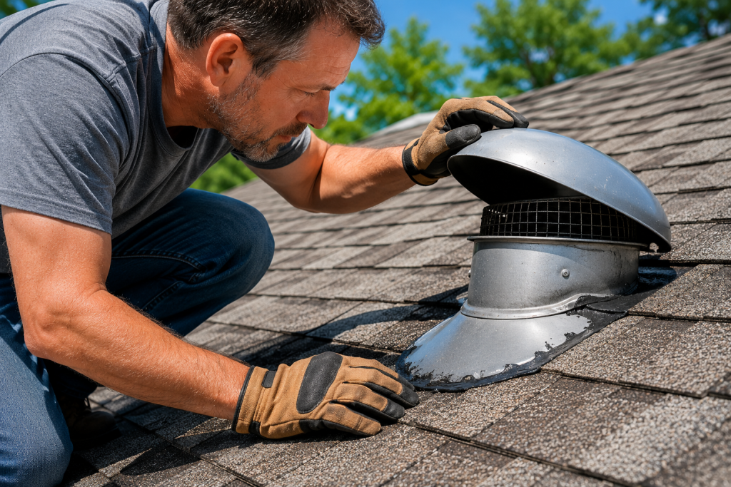 Inspecting a bathroom exhaust roof vent for blockages, damage, or leaks that could cause water to drip from the bathroom fan