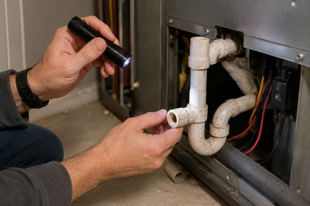 Homeowner inspecting the HVAC condensate drain line and PVC trap for clogs that can cause vinegar odors and drainage problems.