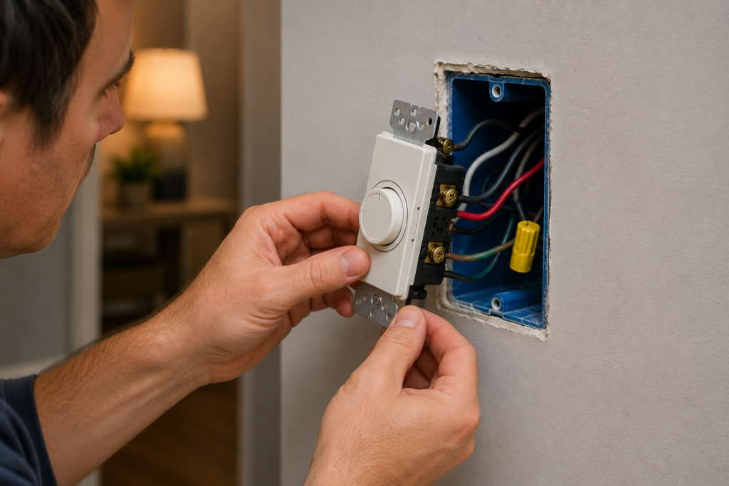 Homeowner inspecting a dimmer light switch after removing it from the electrical box to diagnose buzzing or compatibility problems.