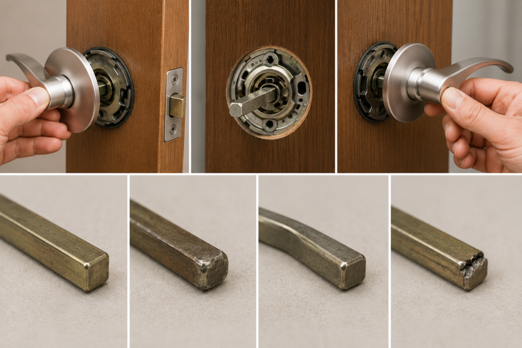 Door handle removed to inspect the spindle for rounded corners, bending, cracks, and excessive wear before replacement.