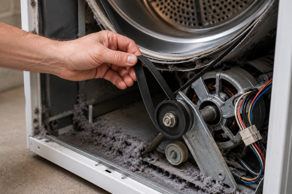 Person inspecting the drive belt inside a clothes dryer for cracks, fraying, or signs of wear that could cause a burning rubber smell.