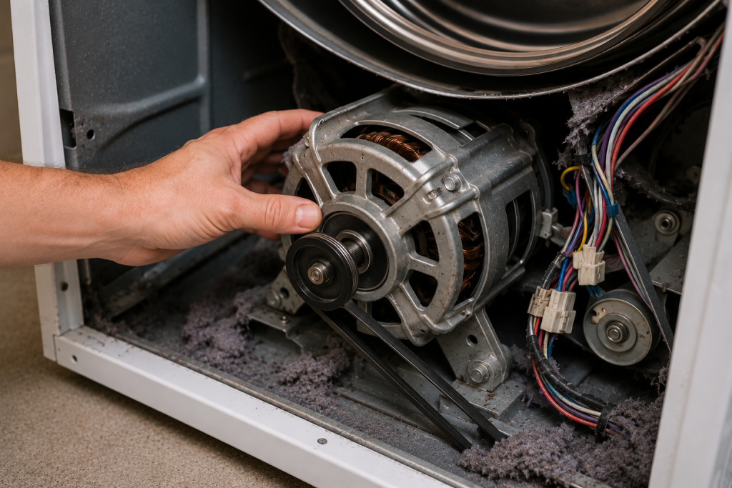 Person inspecting the drive motor inside a clothes dryer for signs of overheating, worn bearings, or electrical damage.