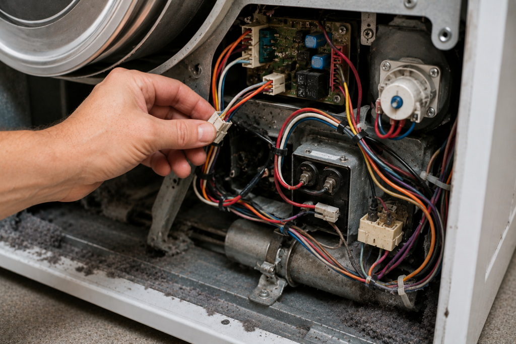 Person inspecting electrical wiring, connectors, and control components inside a clothes dryer for signs of overheating or damage.