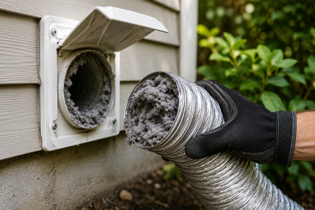 Person inspecting a clogged dryer vent and exhaust duct filled with lint to check for restricted airflow and fire hazards.