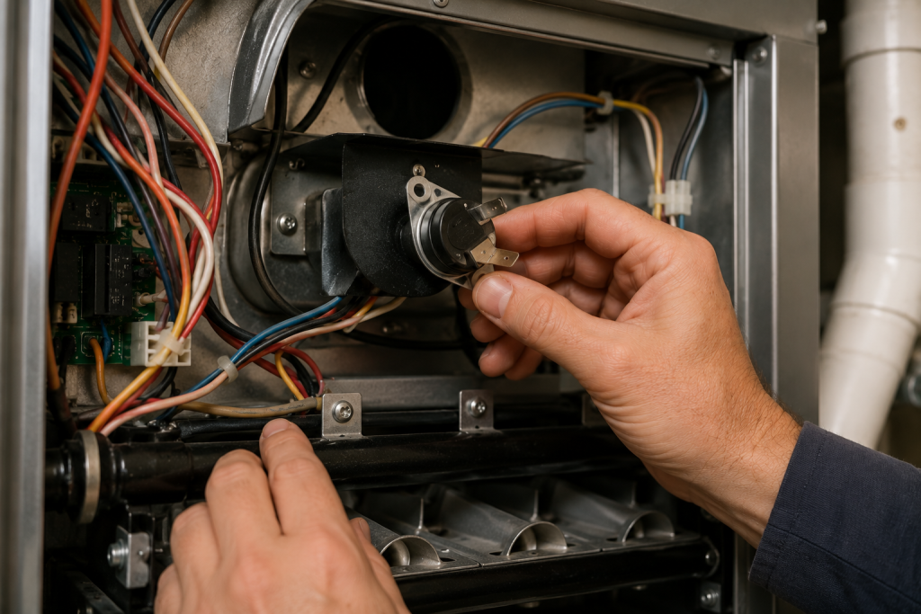 Technician inspecting the fan limit switch inside a residential gas furnace to diagnose an HVAC blower fan that won't turn off.