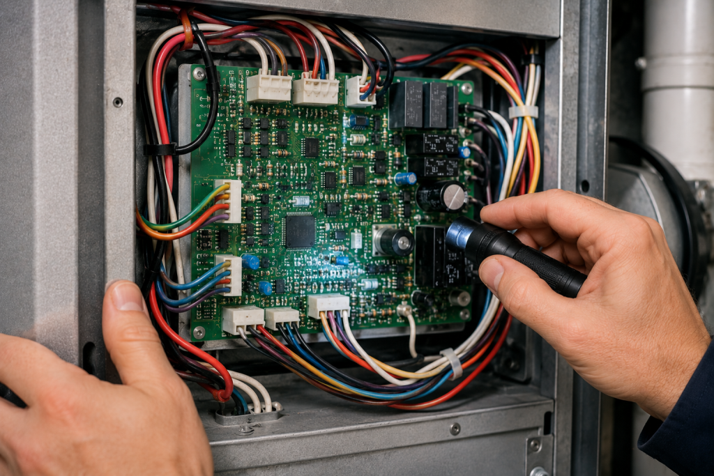 Technician inspecting the electronic control board inside a residential HVAC system while troubleshooting a blower fan that won't turn off.