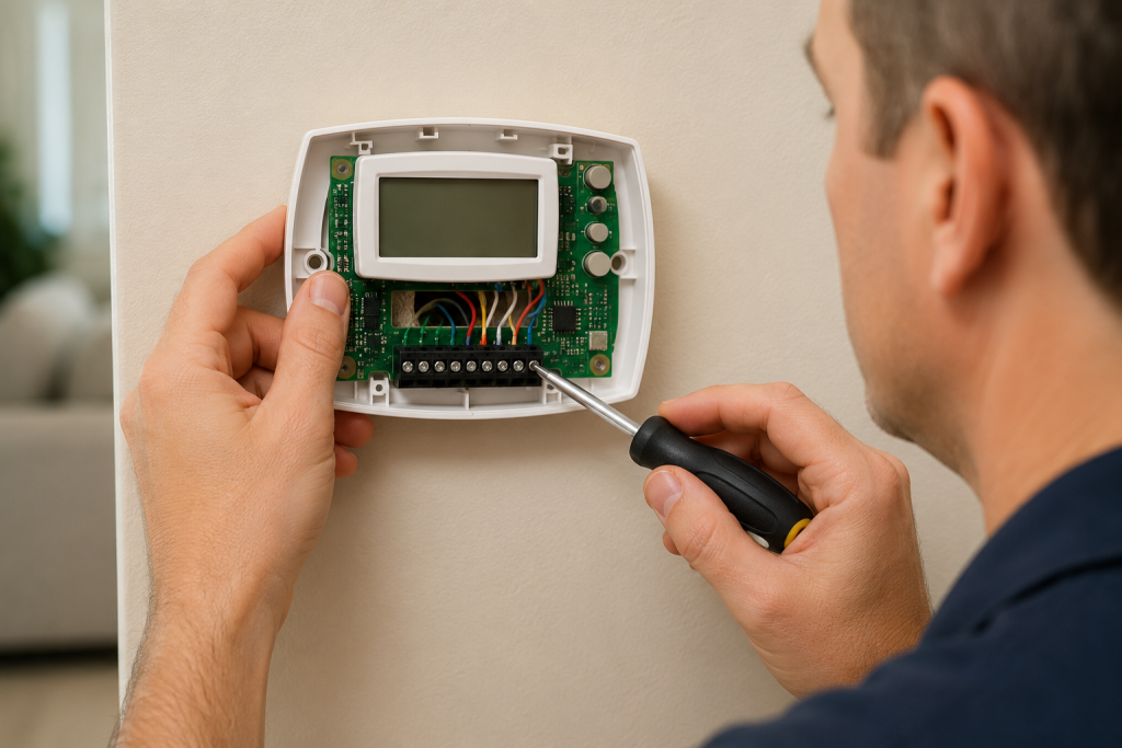 Homeowner inspecting the wiring and connections inside a wall-mounted HVAC thermostat during troubleshooting for a blower fan that won't turn off.