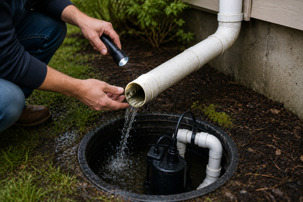 Homeowner inspecting a sump pump discharge pipe outside the home to check for proper water flow and blockages.