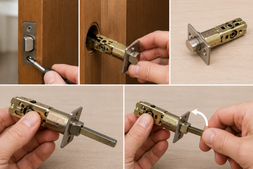 Removing and manually testing a door latch mechanism with a spindle to check for smooth operation and internal wear.