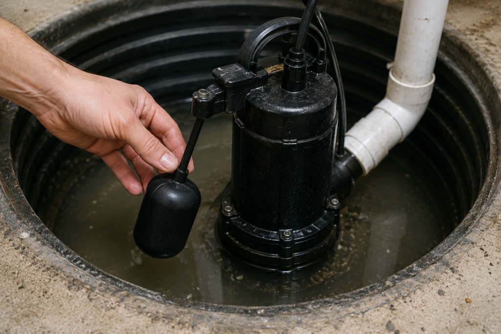Hand inspecting the float switch on a sump pump inside a basement sump pit to ensure it moves freely. Troubleshooting a sump pump runs constantly.