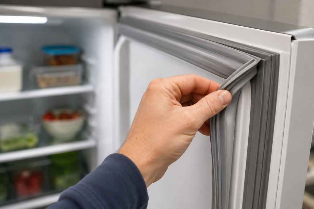 Hand inspecting the rubber door gasket on a refrigerator to check for damage, gaps, or air leaks.
