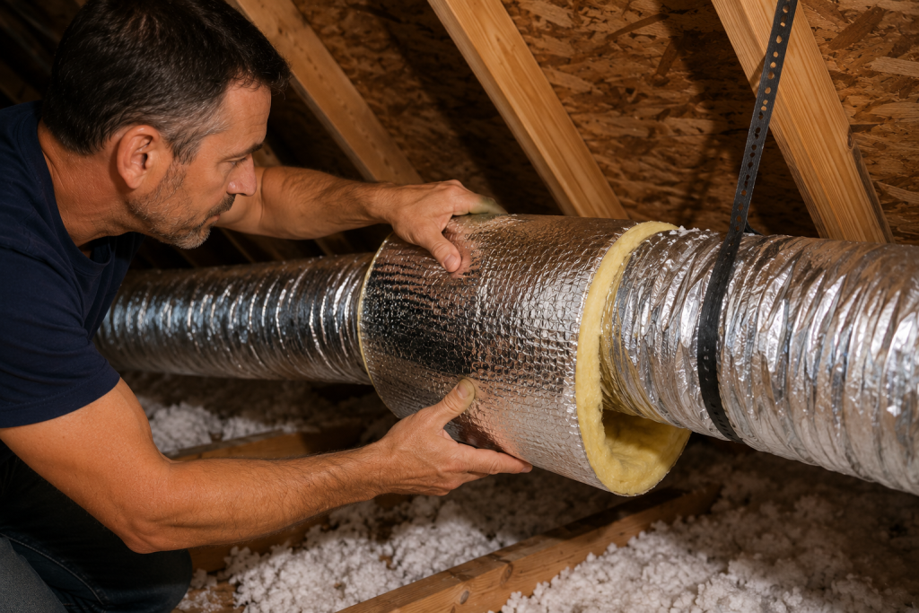 Installing insulation around a bathroom exhaust fan duct in an attic to prevent condensation and water leaks