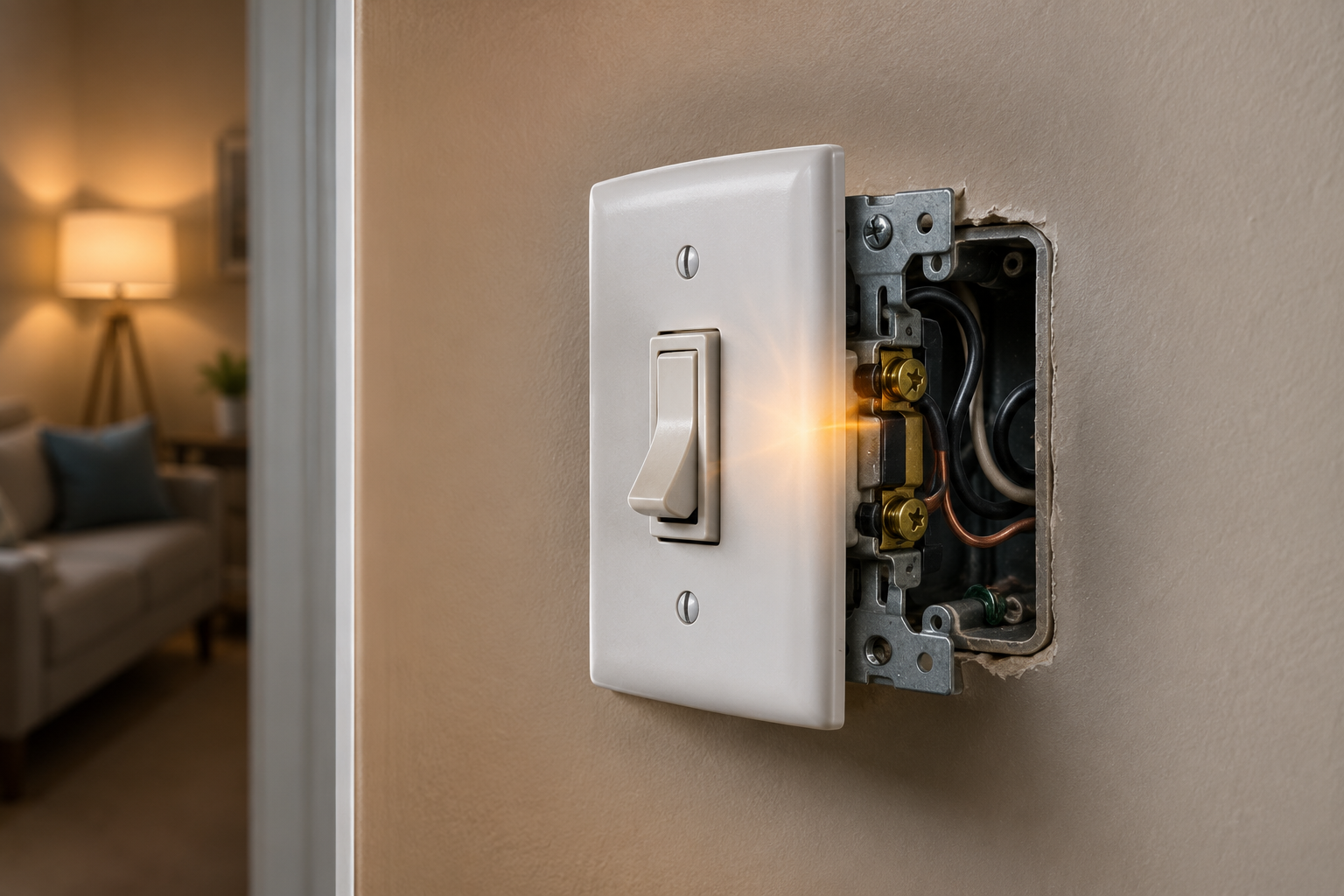 Close-up of a residential light switch with the wall plate removed, showing the electrical wiring while troubleshooting a buzzing light switch.