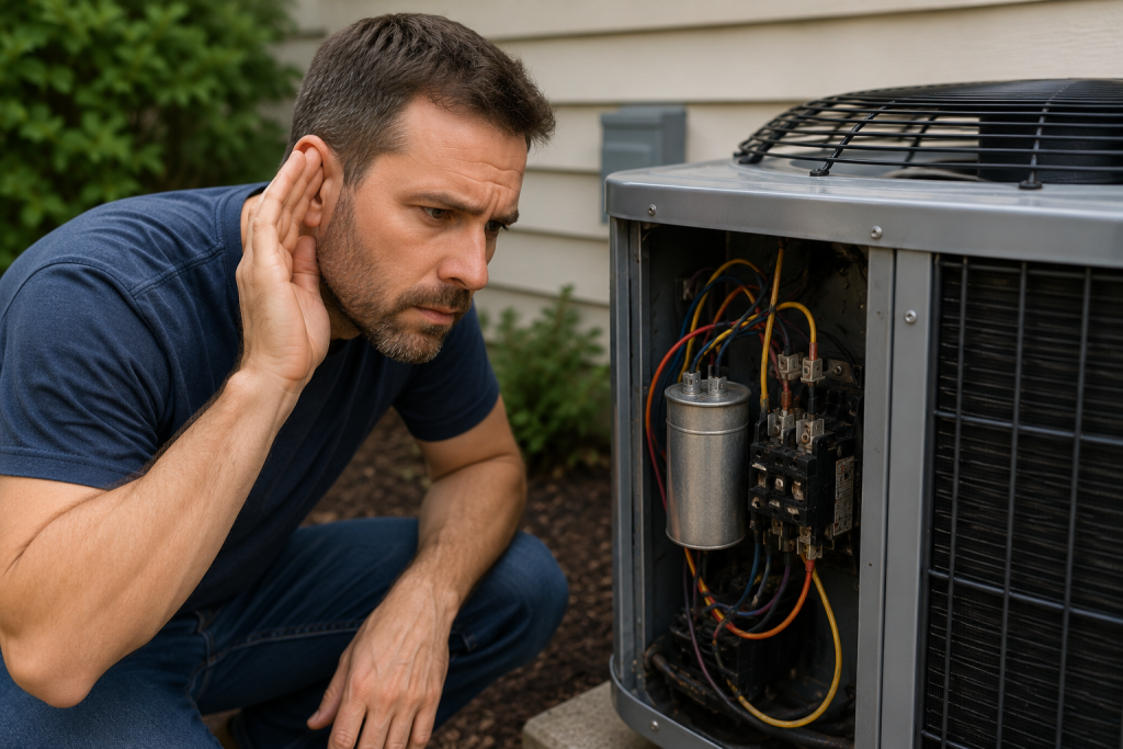 Homeowner listening for clicking or humming sounds from an outdoor air conditioner while diagnosing a compressor that won't start.