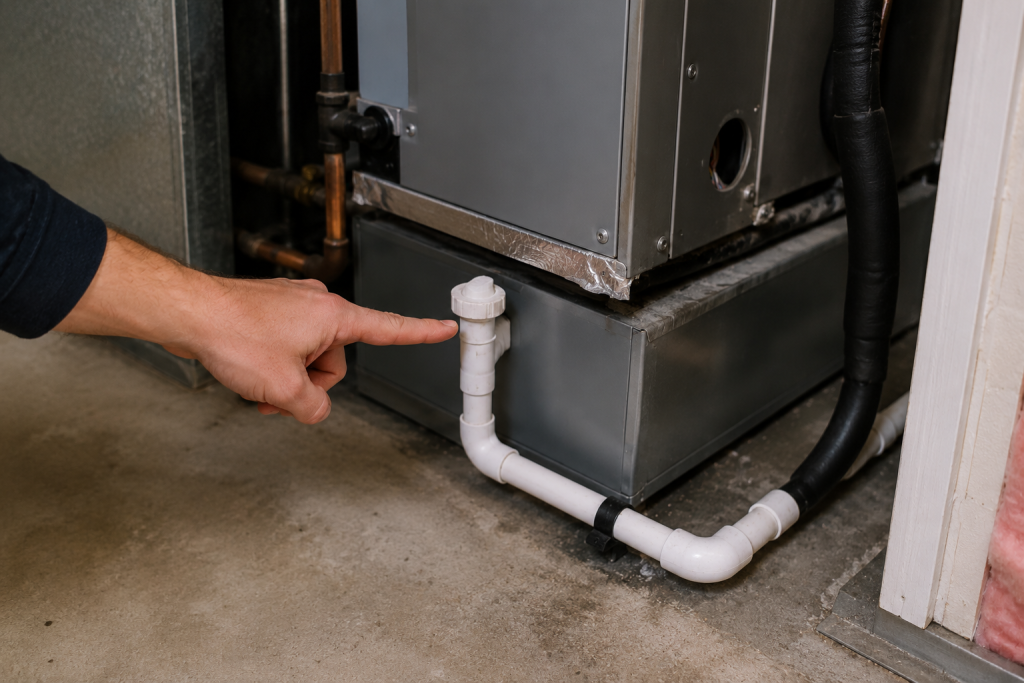 Hand pointing to the PVC condensate drain line and cleanout on a residential HVAC air handler before cleaning the AC drain to fix AC Drain Line Keeps Clogging.