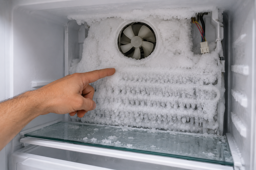 Heavy frost buildup covering the evaporator coils inside a freezer, indicating a possible refrigerator defrost system problem.