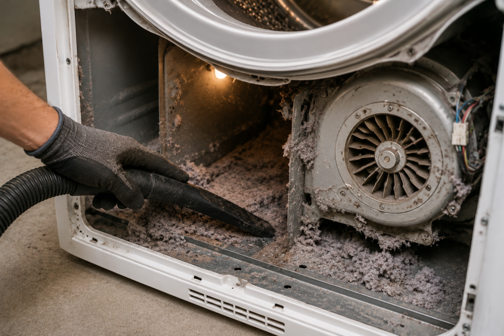 Person vacuuming lint buildup inside a clothes dryer cabinet around the blower housing and internal components to reduce fire risk.