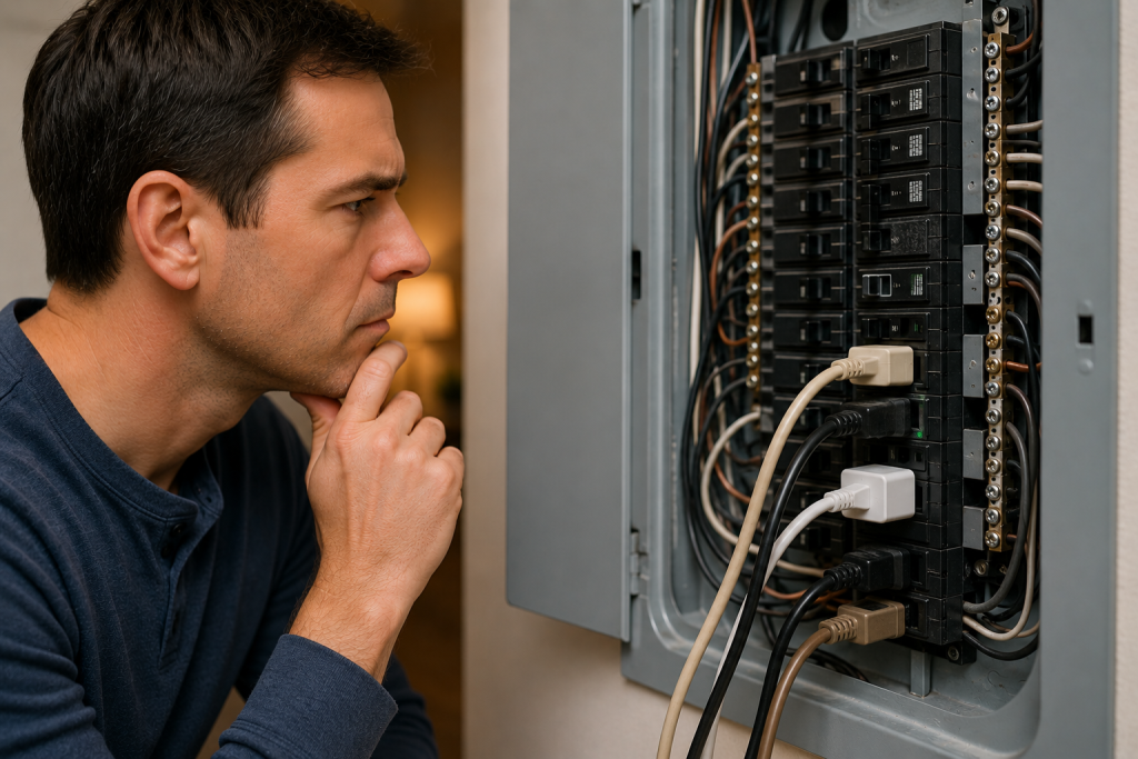 Homeowner inspecting a residential electrical panel to check for an overloaded circuit causing a buzzing light switch.