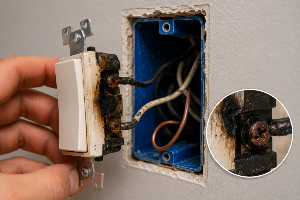 Close-up of a damaged light switch with burn marks and scorched wiring, showing signs of electrical arcing and overheating.