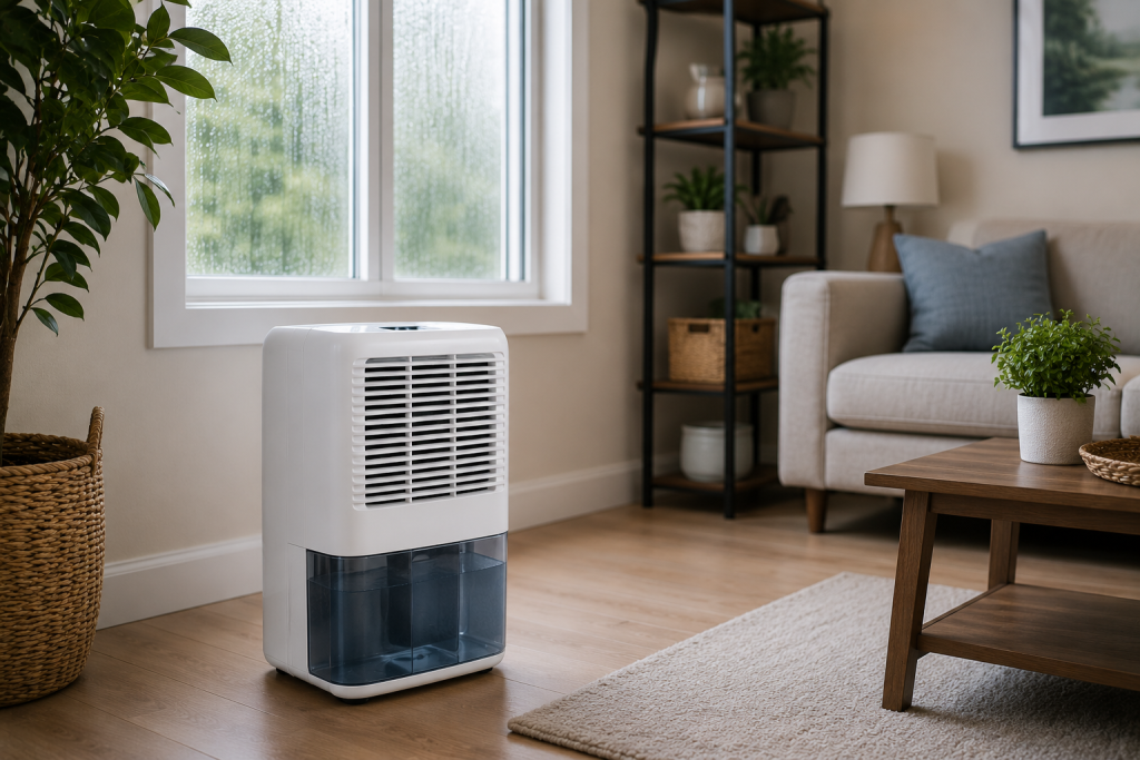 Portable dehumidifier running in a living room to lower indoor humidity and help prevent a Door Swollen From Humidity.
