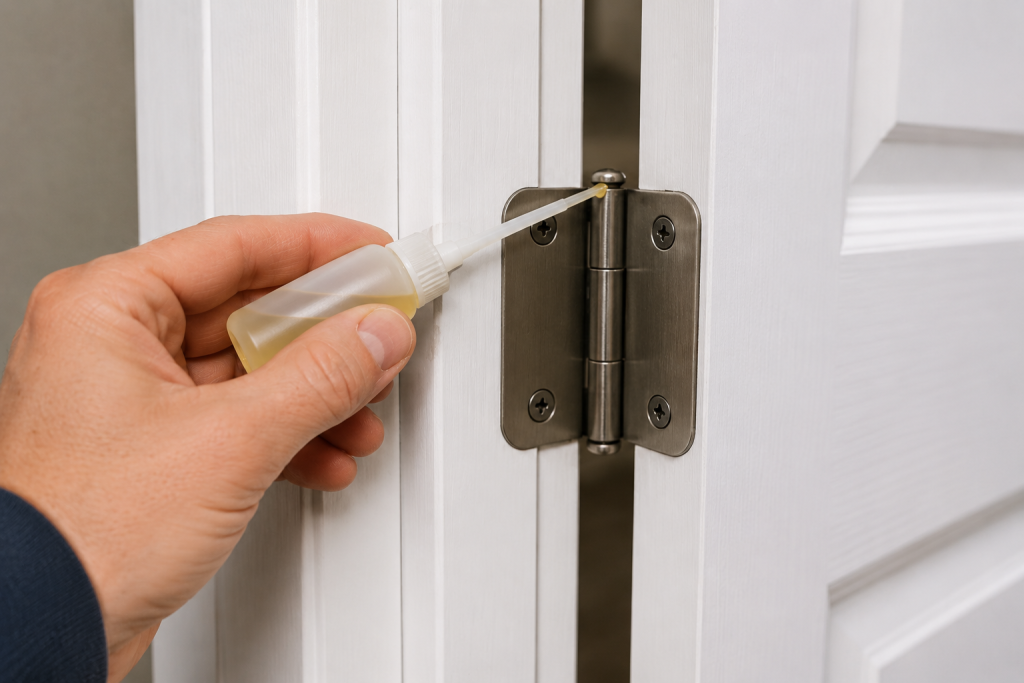 Applying lubricant to an interior door hinge to reduce squeaking and ensure smooth door operation.