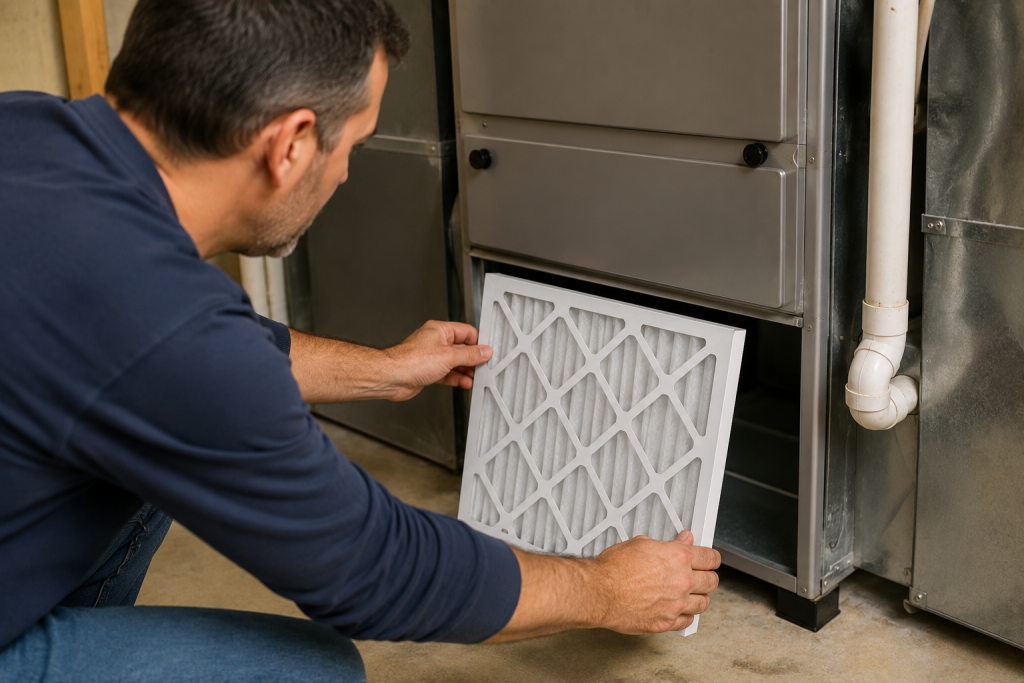 Homeowner installing a new pleated furnace air filter into a residential HVAC system in a basement utility room.