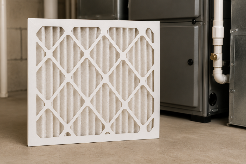Clean MERV 8 pleated furnace air filter standing in front of a residential HVAC furnace in a home utility room.