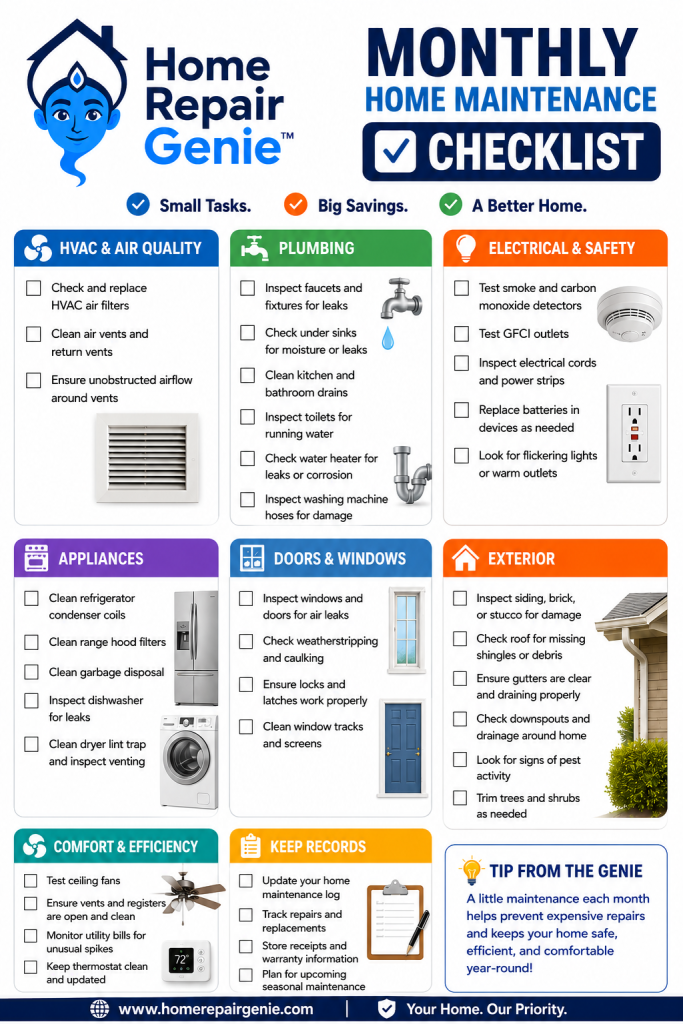 Monthly home maintenance checklist from Home Repair Genie with HVAC, plumbing, electrical, appliance, doors and windows, exterior, and home maintenance tasks.