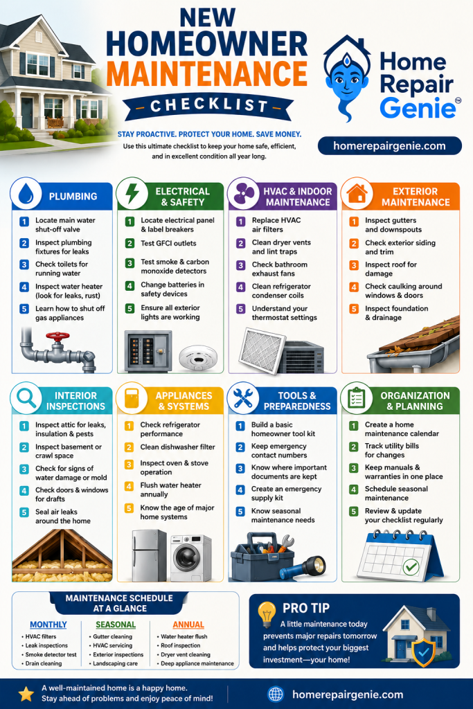 New homeowner maintenance checklist from Home Repair Genie featuring essential first-year home maintenance tasks for plumbing, electrical safety, HVAC, exterior maintenance, interior inspections, appliances, tools, organization, and seasonal maintenance planning.