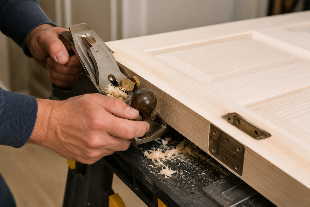 Using a hand plane to shave a swollen wooden door edge for a smoother fit and proper door clearance.