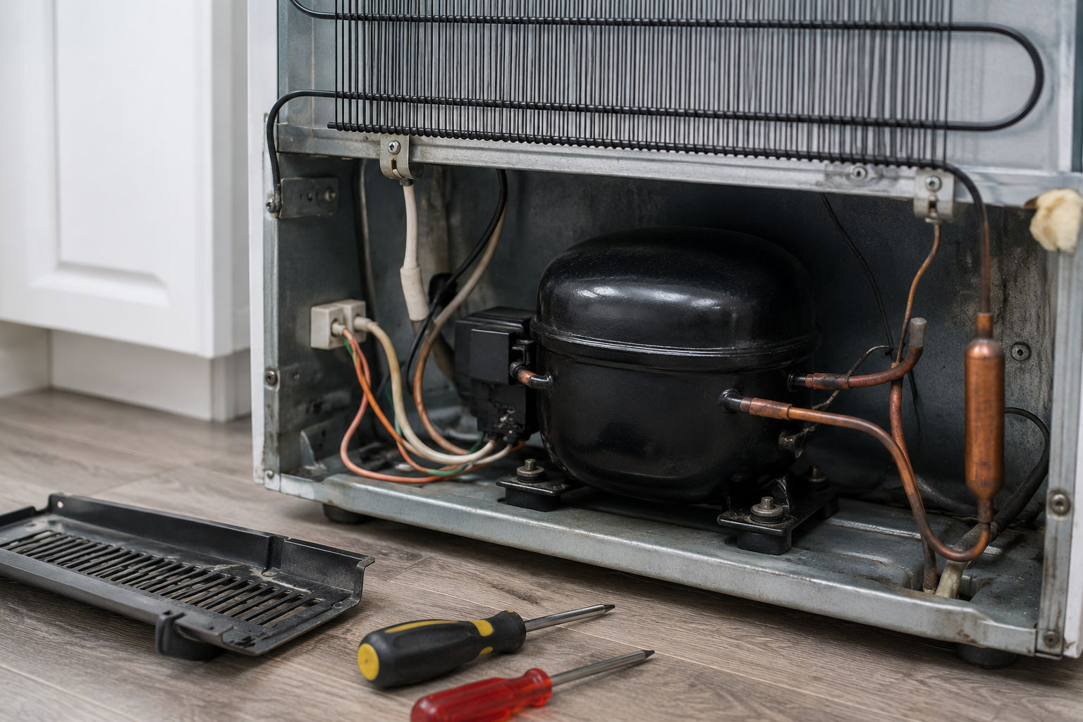 Rear view of a refrigerator with the access panel removed, showing the compressor and condenser components during troubleshooting for a refrigerator compressor running but not cooling.