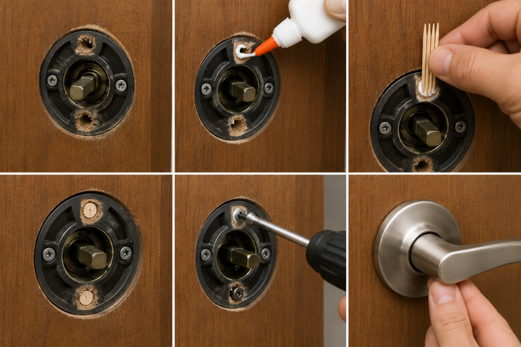 Repairing stripped door handle screw holes with wood glue and toothpicks before reinstalling the mounting screws.