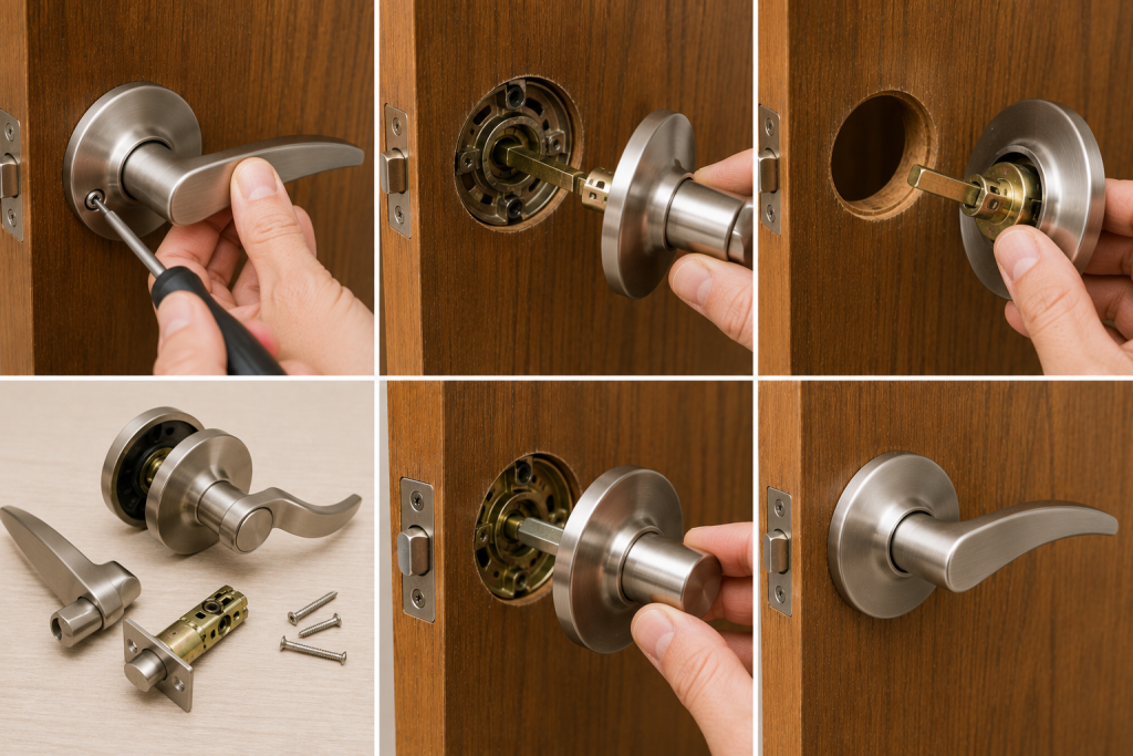 Step-by-step process of removing an old door handle and installing a new lever door handle on a wooden interior door.