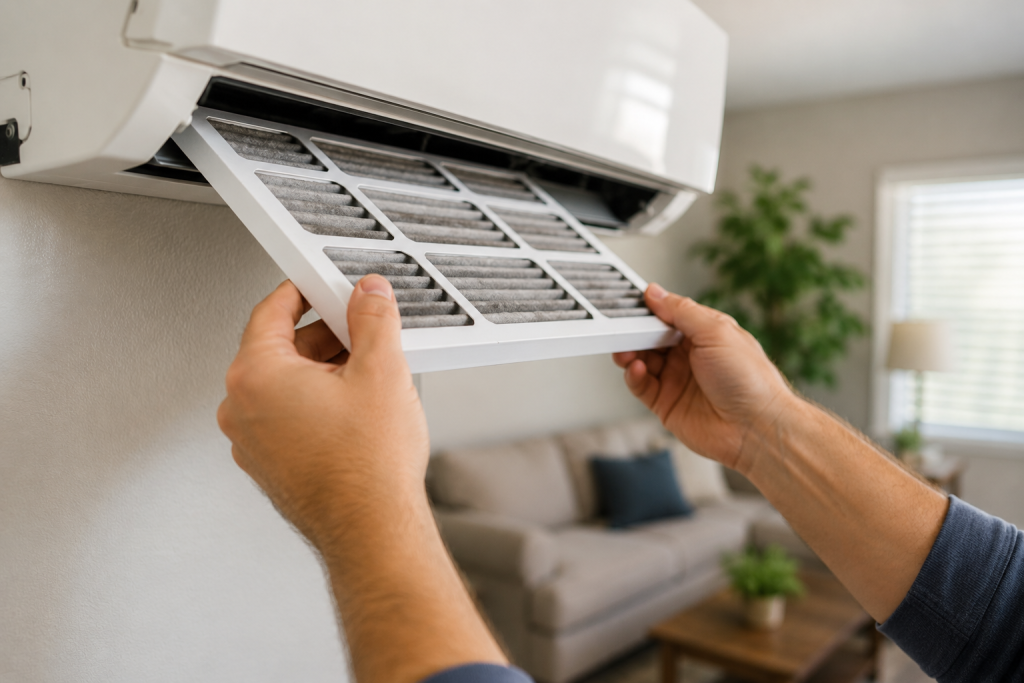 Homeowner replacing a dirty HVAC air filter with a new one to improve airflow and eliminate vinegar odors from the air conditioner for AC Smells Like Vinegar.