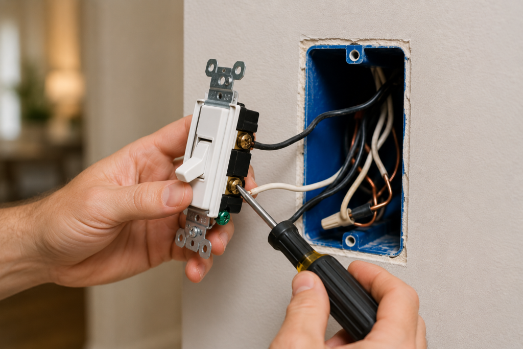 Person installing a new wall light switch and tightening the wire connections with a screwdriver during a switch replacement.