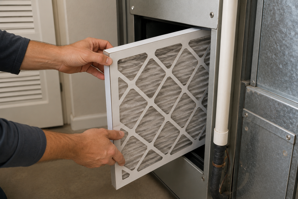 Homeowner replacing a dirty HVAC air filter in a residential furnace to improve airflow and help stop a blower fan from running continuously.