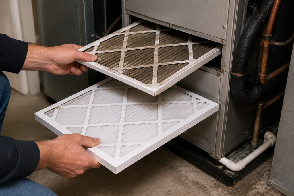 Homeowner removing a dirty HVAC air filter and installing a clean replacement filter in a residential heating and cooling system.