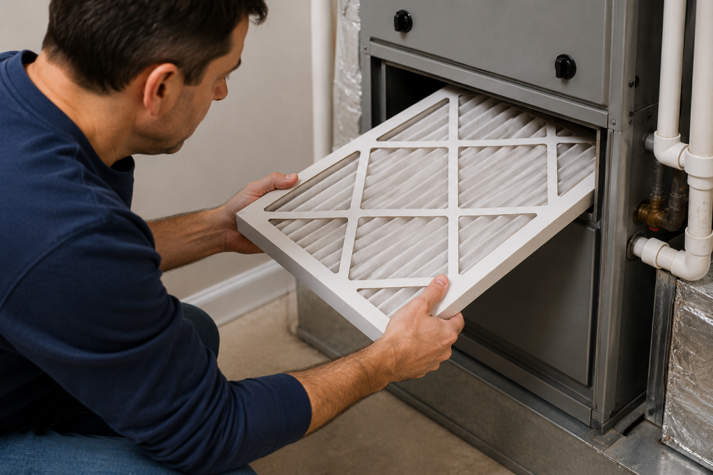 Homeowner replacing a pleated HVAC air filter in a residential furnace to improve indoor air quality and HVAC system performance using the best HVAC air filters.