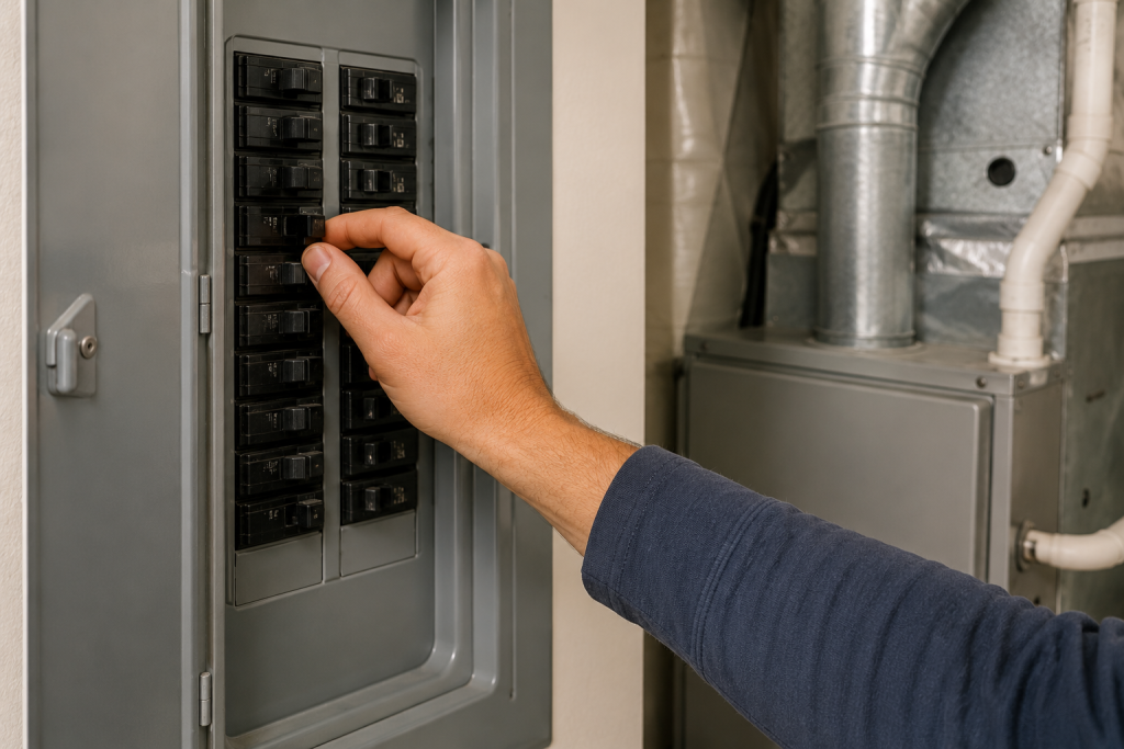 Homeowner resetting an HVAC system by switching the circuit breaker off and back on during furnace troubleshooting.