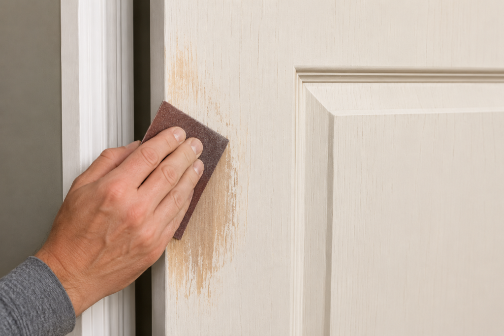 Homeowner sanding a swollen wooden door edge with sandpaper to eliminate rubbing and improve door clearance.