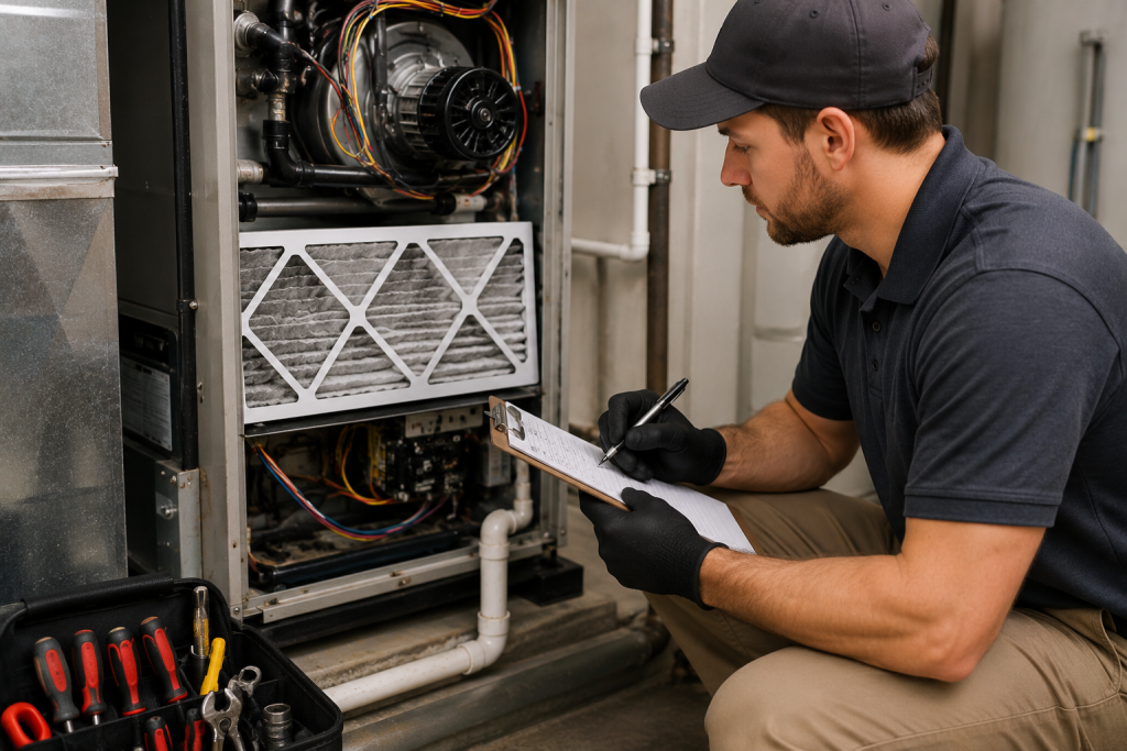 HVAC technician inspecting a residential air handler during routine professional maintenance to identify issues that can cause recurring AC drain line clogs.