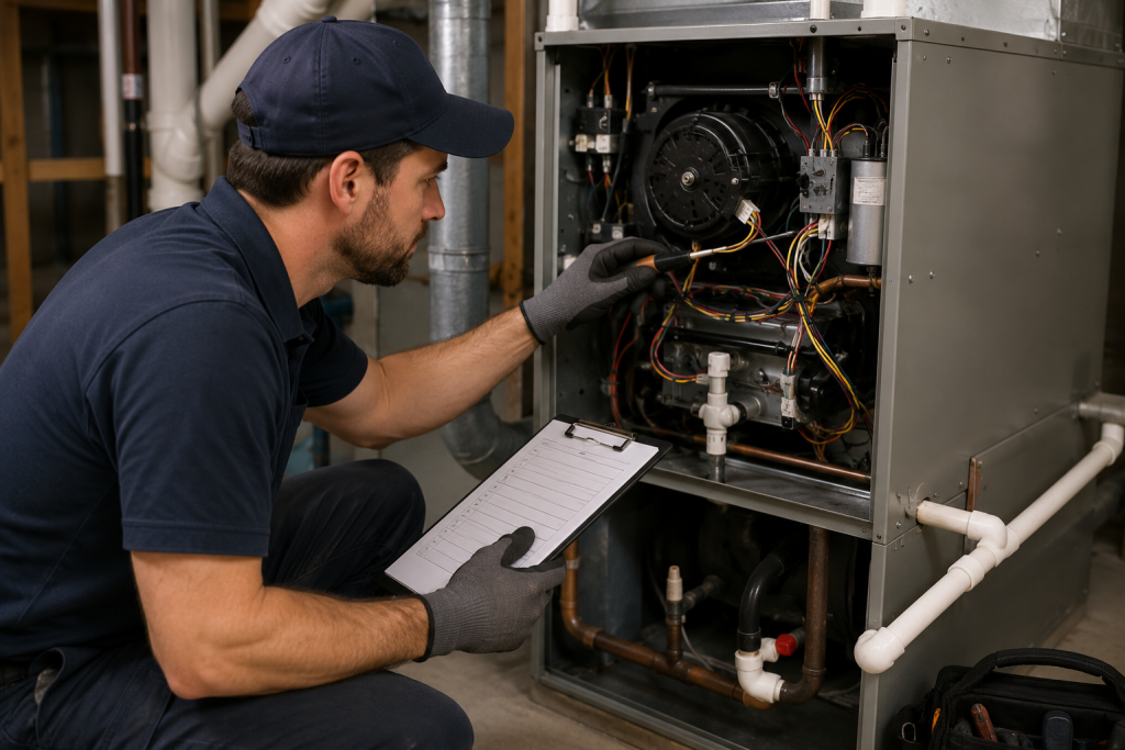 HVAC technician performing routine maintenance on an air conditioning system to inspect components, prevent odors, and improve overall system performance.