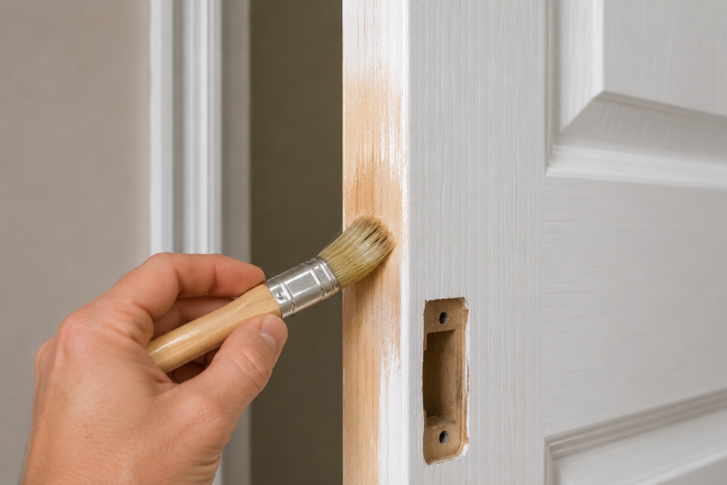 Applying a clear wood sealer to a freshly sanded door edge to protect exposed wood from moisture.