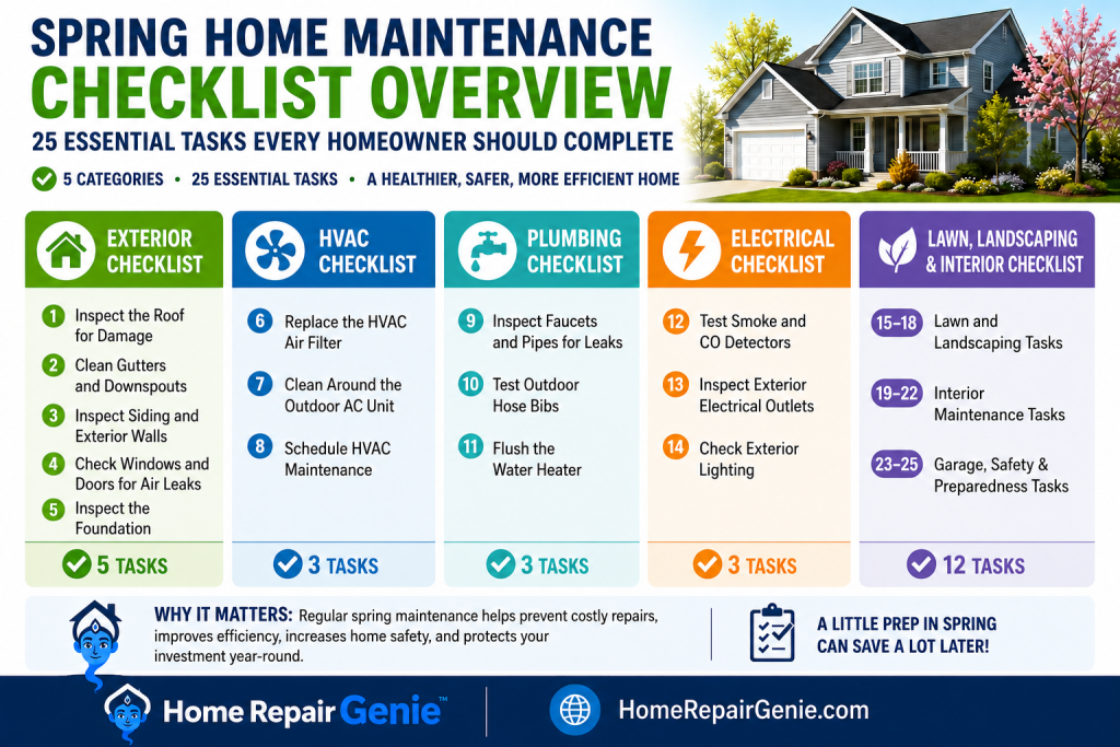 Spring home maintenance checklist overview from Home Repair Genie showing 25 essential homeowner maintenance tasks across exterior, HVAC, plumbing, electrical, lawn, landscaping, and interior categories.