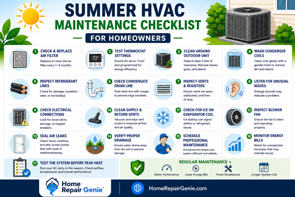 Summer HVAC maintenance checklist for homeowners from Home Repair Genie featuring 17 essential air conditioning maintenance tasks including replacing air filters, cleaning the outdoor condenser unit, inspecting refrigerant lines, checking vents, testing the thermostat, and scheduling professional HVAC maintenance.