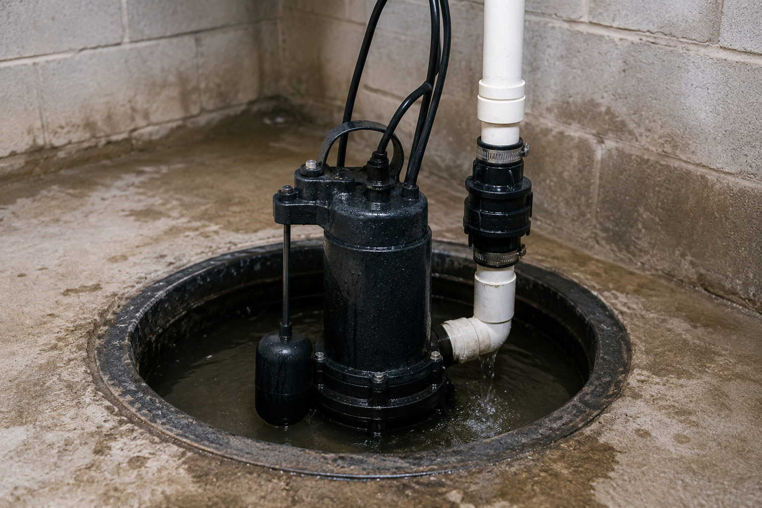 Sump pump running inside a basement sump pit with standing water and discharge pipe installed.