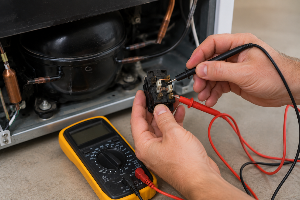 Person using a digital multimeter to test a refrigerator compressor start relay after removing it from the compressor.
