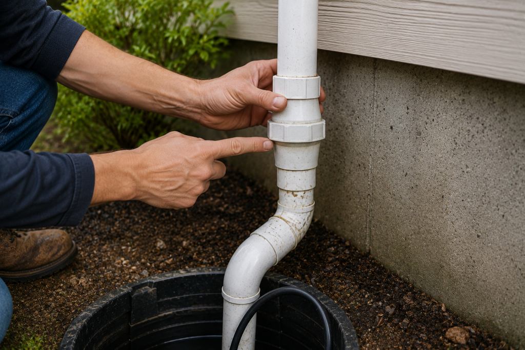 Homeowner inspecting the check valve on a sump pump discharge pipe to verify proper one-way water flow.