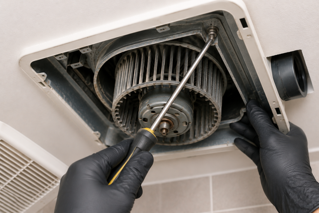 Tightening loose mounting screws and hardware inside a bathroom exhaust fan using a screwdriver
